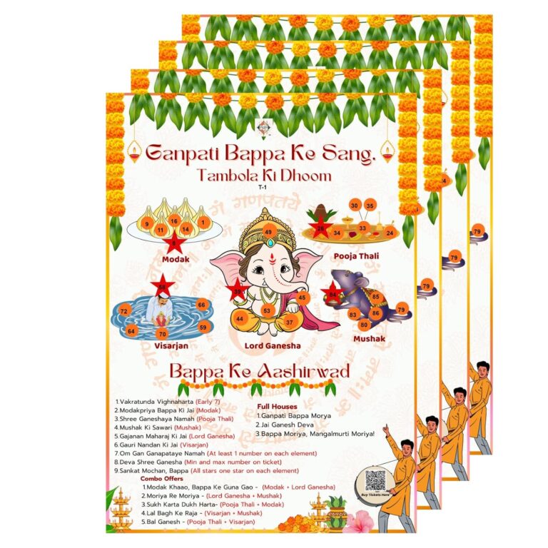 Ganesh Chaturthi Theme Tambola Housie Tickets – Ganpati Festival Game for Kitty Party, Family Gathering & Puja – Devotional Bingo for Adults & Kids