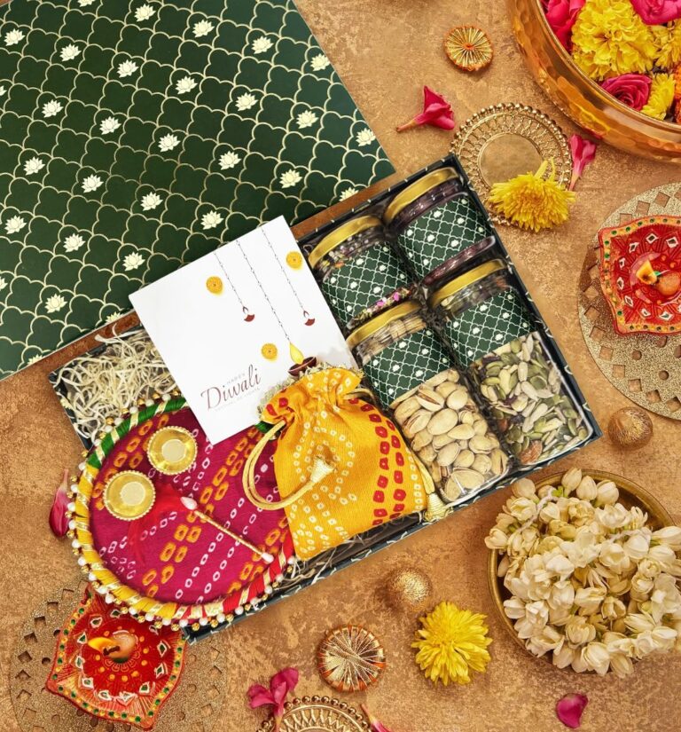 Goshudh Stylish Diwali Hamper 2025 | 8 Handpicked Items | Bandhej Pooja Plate, Daily Wellness Mix (100g), Pista (100g), Aam Papad Candies, Mukhwas, Jaljeera Shots, Bandhej Potli & Greeting Card | Friends, Family & Corporate Gifting Box