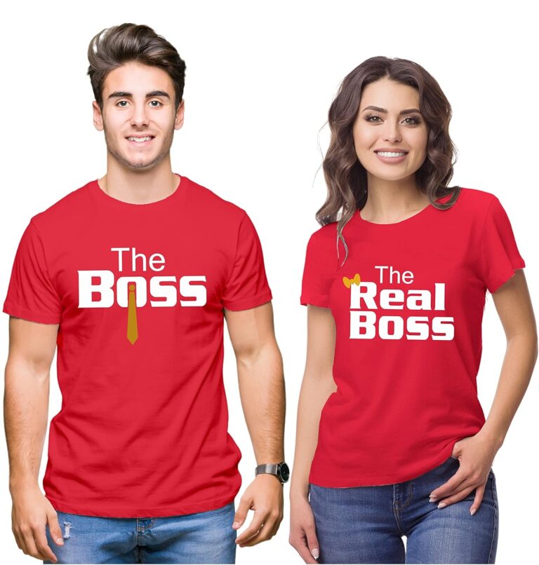 Hangout Hub Hangout-Hub024$P Couple Tshirts for Couples | Printed The Boss The Real Boss T-Shirts | Men’s and Women’s Round Neck T-Shirt (Pack of 2, Cotton, Half Sleeves)