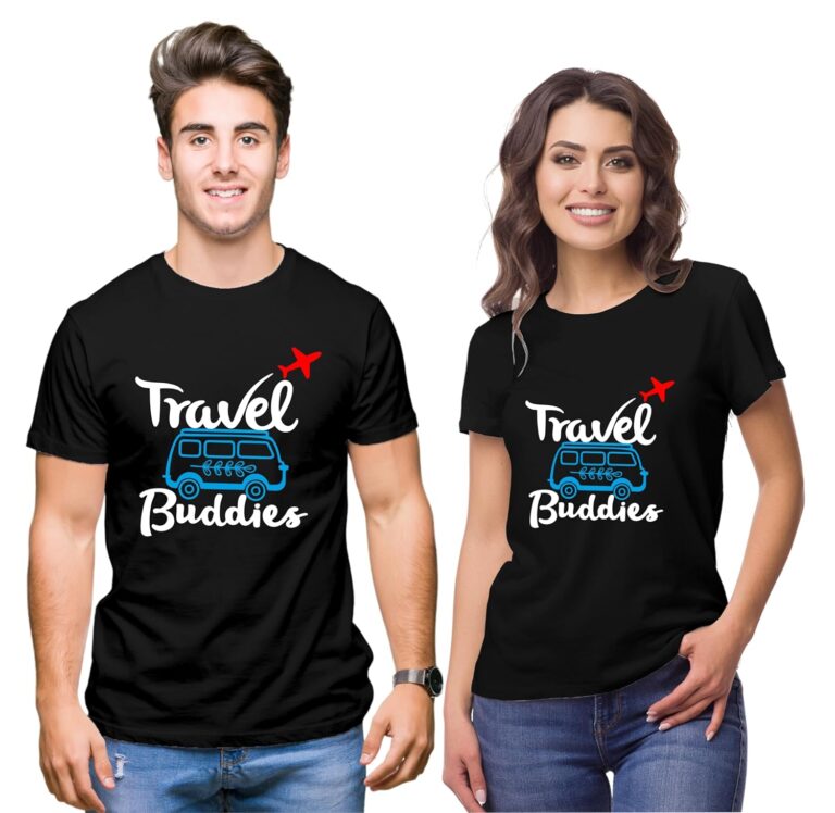 Hangout Hub Men Women Cotton T shirts| Round Neck | Travel Buddies |Black|White|Yellow| Printed | Half Slevees | Regular Fit | Couple tshirt combo Set of 2