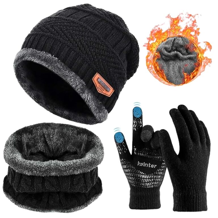 CRENTILA Woolen Winter Cap Beanie Hat with Neck Muffler, Hand Gloves Set for Men Women Ultra Soft Thick Fleece Lined Winters Warmer Combo Kit for Neck, Ears and Hand for Travelling and Snowboarding