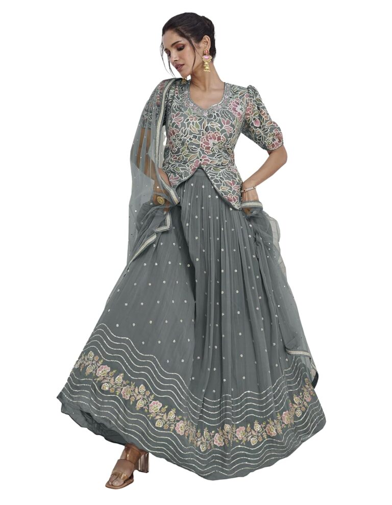 Miss Ethnik Sophisticated Grey Embroidered Lehenga Choli Set (ME-1172)