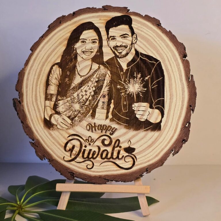 Personalized Wooden Engraved Photo Frame | Happy Diwali Gift for Couple, Family & Friends | Custom Wood Slice Photo with Stand – Unique Festival Gift (Wood, 5-6 inch)