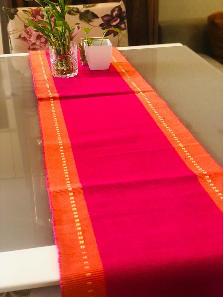 Rangbhar Handloom Ribbed Cotton Table Runner for Living/Dining Room/Home Decor, Anti-Skid, Reversible, Machine Washable, 12 X 60 inches, Striped, Pink Orange