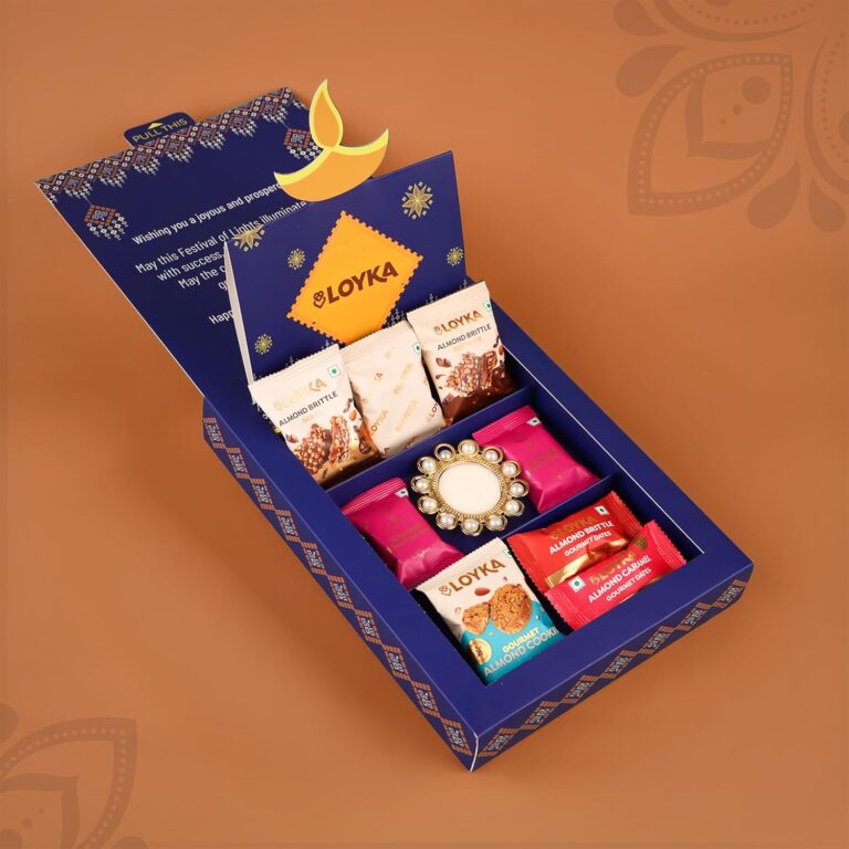 Loyka Diwali Light & Delight Dryfruit Chocolate Gift Box 10 Inclusions hamper | Almond Brittle Gold, Brownie Brittle, Kunafa Brittle, Almond Cookie, Florentine, Stuffed Dates & Decorative Moti Diya