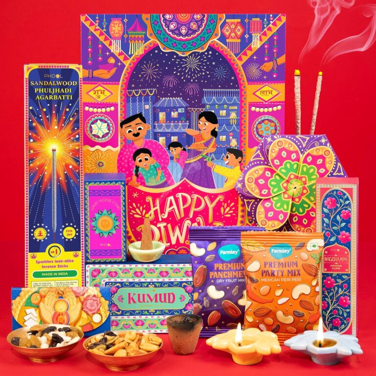 Phool Shubh Deepawali Gift Box | Diwali gift Hamper with Dry Fruits, agarbatti, Diyas, Havan Cups, & card.