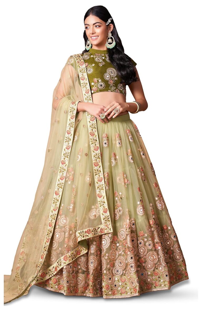 Zeel Clothing Women’s Net Embroidered Semi-Stitched Bridal New Lehenga Choli with Dupatta (7315-Peach-Green-Wedding-Latest-Lehenga; Free Size)