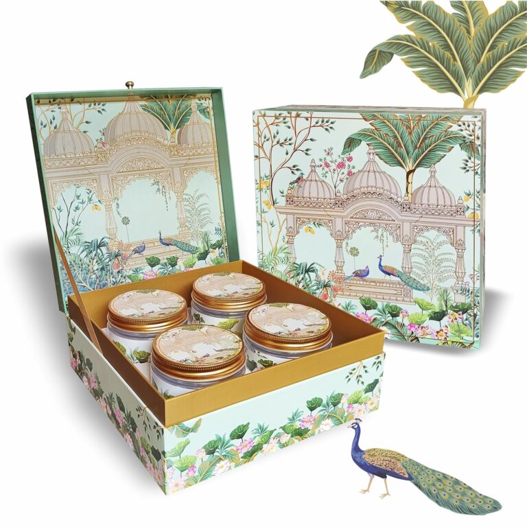 VESTTA -ELEGANCE REDEFINED Gift Box | 9 (L) X 9 (B) x 3.5 (H) Inch | Arabic Vintage | Gold Foiling | Designer box with 4 Empty Jars for Diwali, Weddings, Bridal Shower, Eid, Gift Hampers