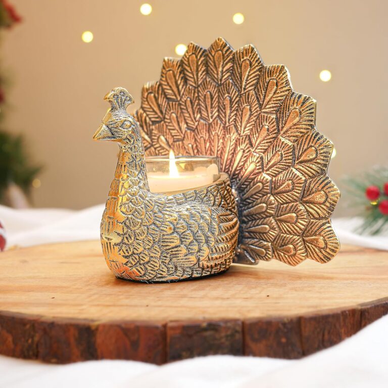 BEHOMA Metal Dancing Peacock Figurine for Good Luck & Love,Candle Holder for Home Dcor Tabletop Living,Showpiece for Valentine’s Day,Birthday(Scented Glass Votive Candle Included),Gold,18.5cm,11cm