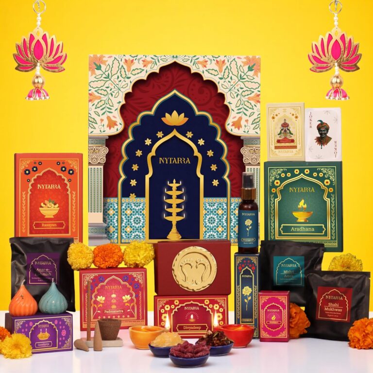Nytarra Diwali Gift Hamper 18 Item | Luxury Diwali Gift Box for Family, Friends & Corporate Gifting | Healthy Munchies, Ceramic Diya, Playing Cards | Corporate Festive Gift | Premium Fragrance, Laxmi charan